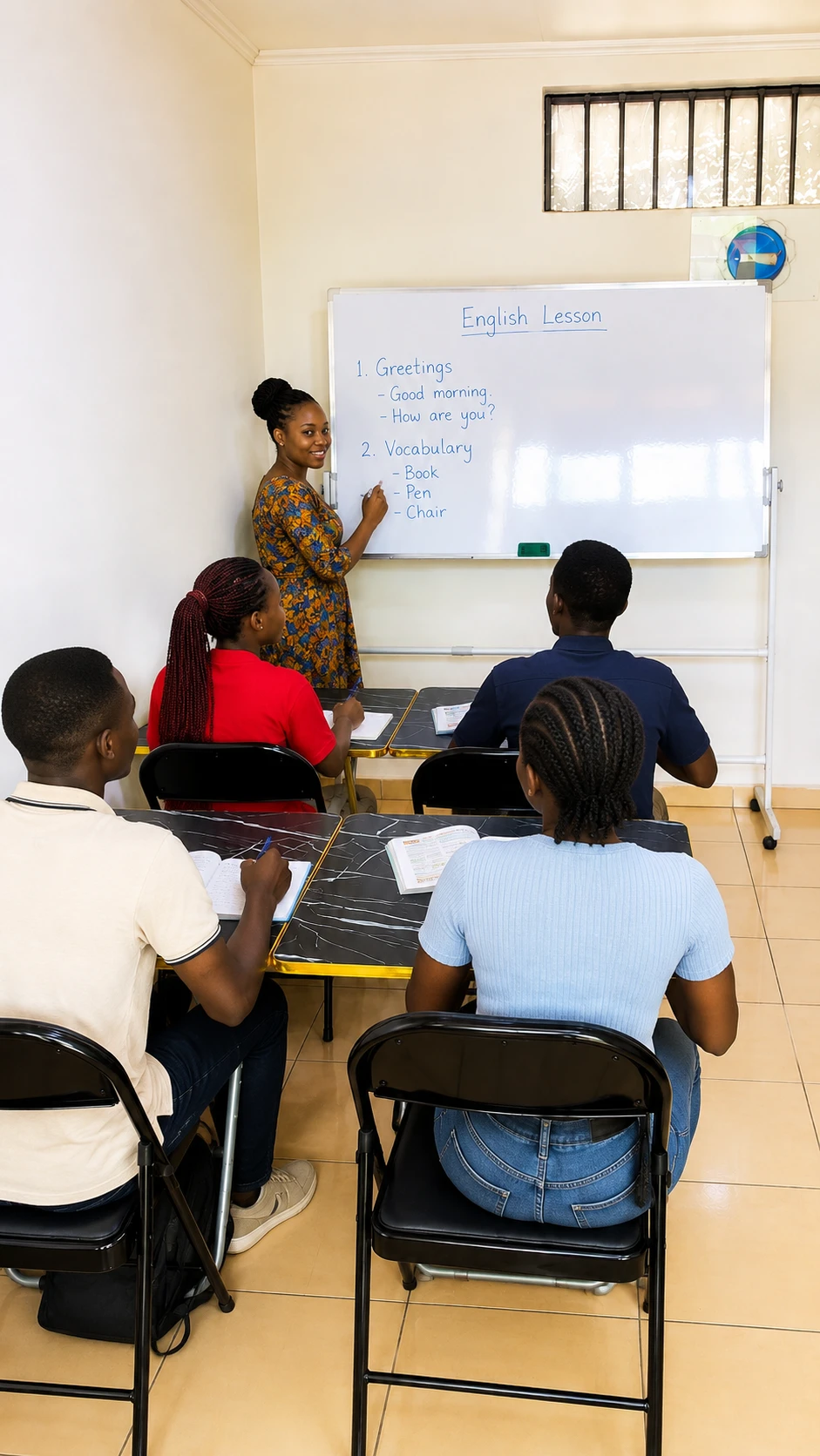 Une formatrice AJES donne un cours d’anglais devant le tableau