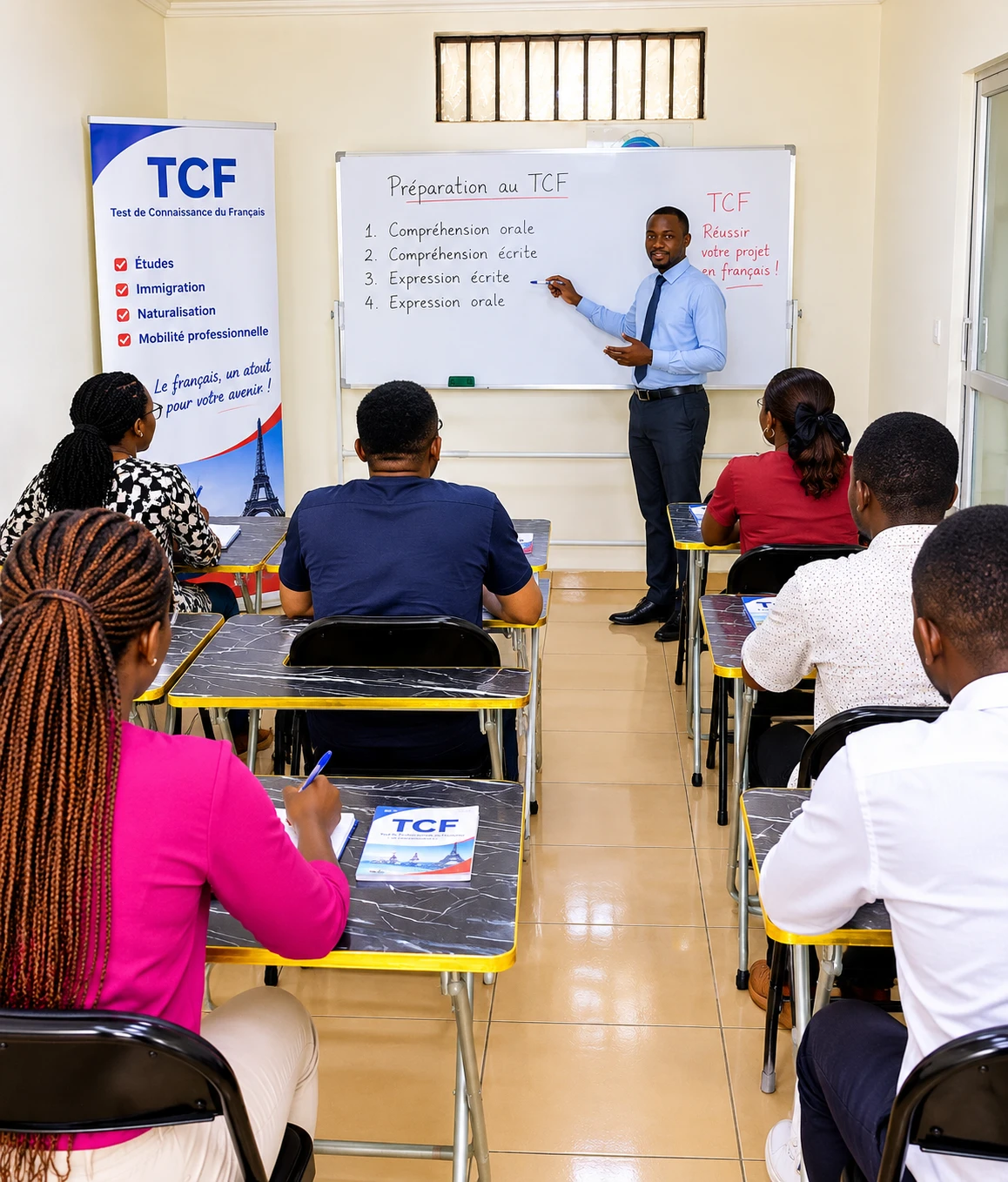 Un formateur AJES explique les quatre épreuves du TCF à une classe d’adultes